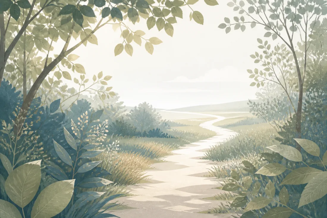 A light woodland path opening toward a clear distant horizon