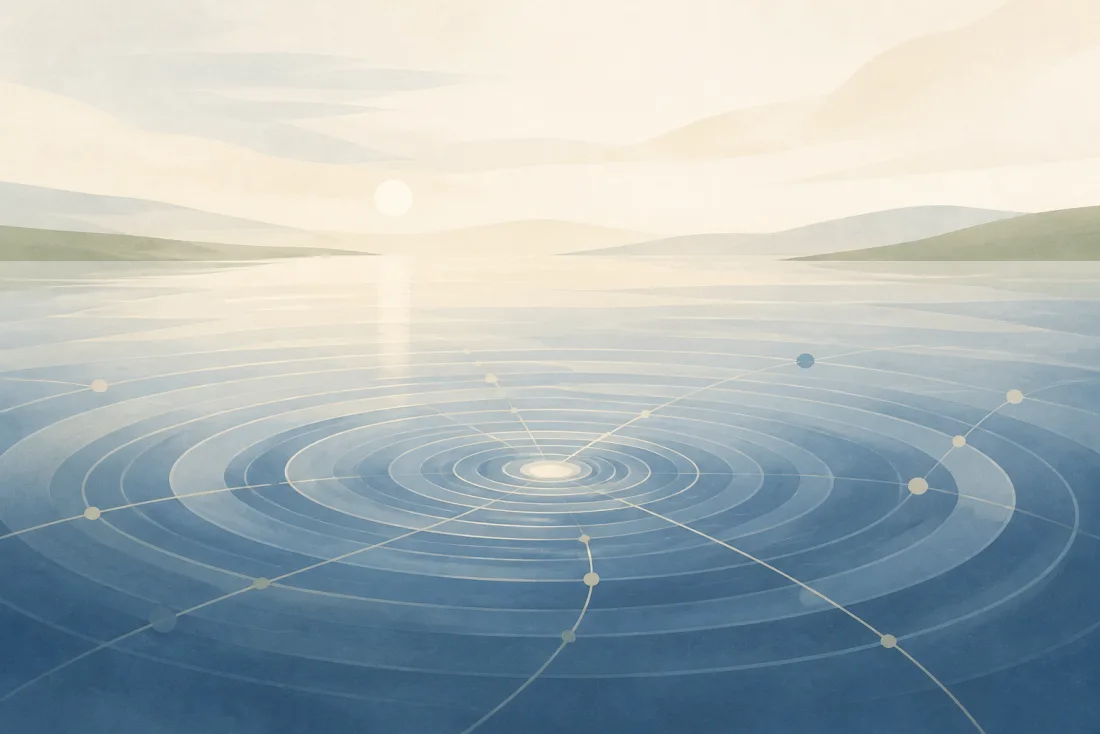 Calm blue water ripples linked by fine lines beneath a pale morning sky